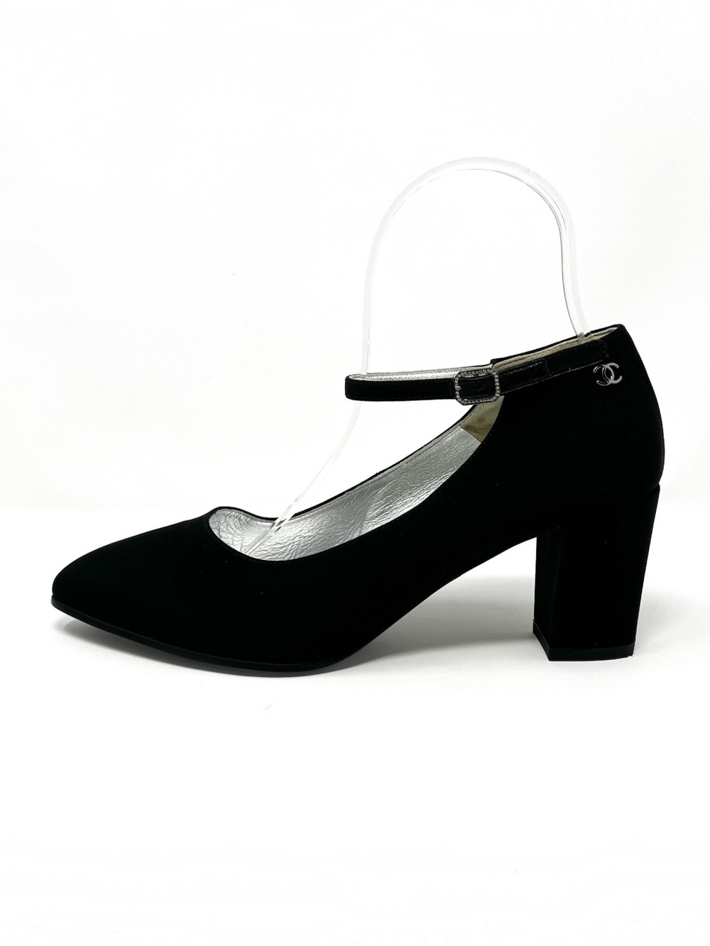 Chanel Black Satin Silver CC Logo Mary Jane Janes High Heels Pumps 37 6 6.5
